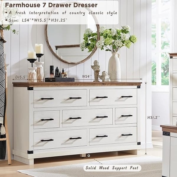 Dresser with Staggered Drawer Layout, Two-Tone White and Wood Farmhouse