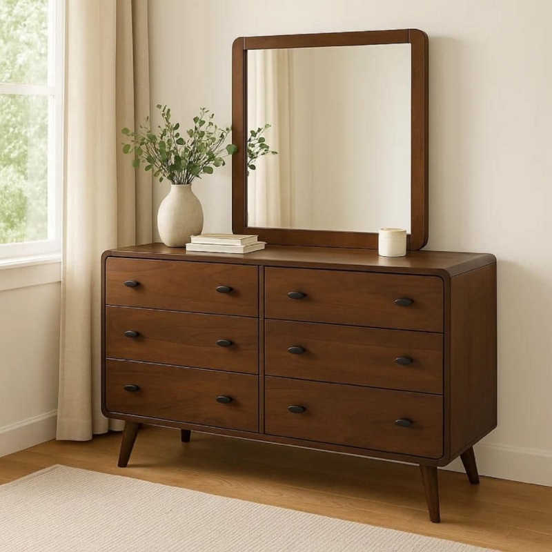 Dresser with Tapered Legs, Rounded Corners, Walnut Finish, Mid-Century