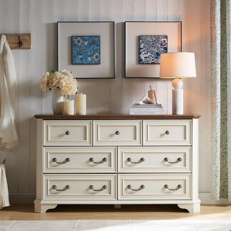 Dresser with Two-Tone Finish and Seven Drawers, Rustic Wood Top Decor