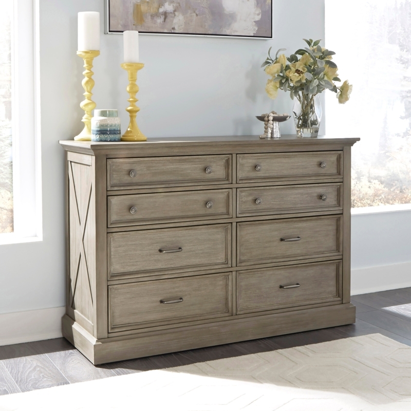 Dresser with X-Brace Sides, Distressed Taupe Finish, Rustic Lodge