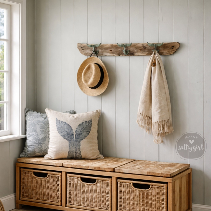 Driftwood Wall Coat Rack Whale Tail Hooks Coastal Mudroom
