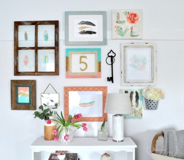 Eclectic Gallery Wall Set, Mismatched Frames with 3D Accents and Pastels.