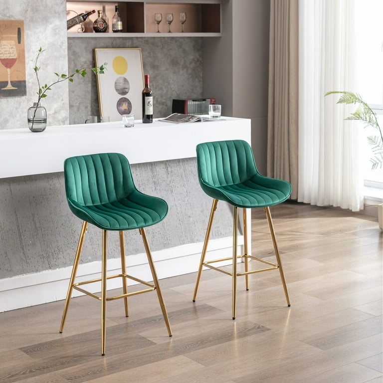 Emerald Green Velvet Bar Stool Channel Tufted Gold Frame Tapered Legs