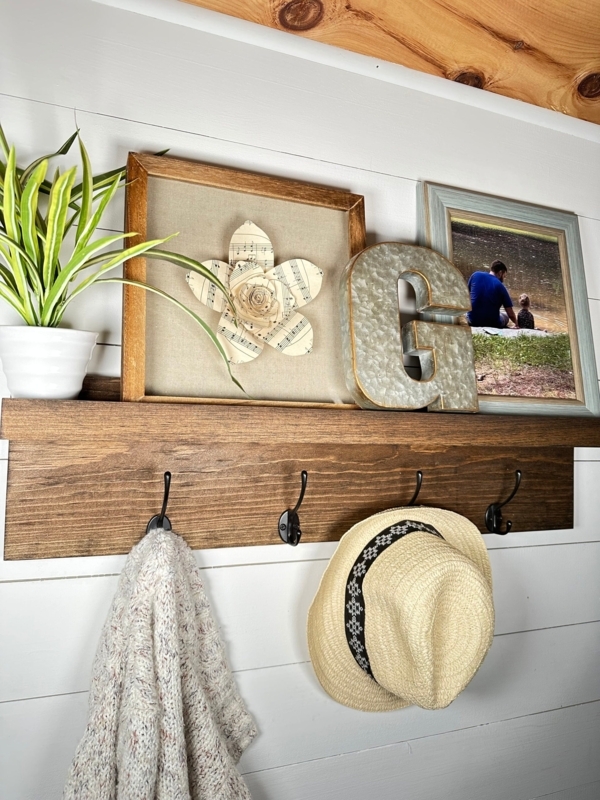 Entryway Coat Rack Integrated Shelf Black Hooks Rustic Farmhouse Mudroom