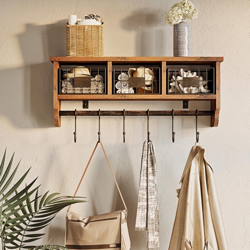 Entryway Organizer Rack Wire Baskets Storage Cubbies Rustic Industrial Wood