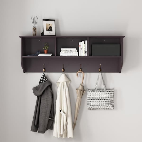 Entryway Organizer Wall Mounted Espresso Finish Three Cubbies Bronze Hooks Transitional