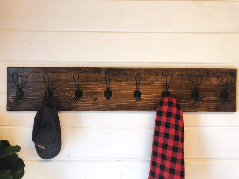 Entryway Rack Dark Stained Plank Oversized Wire Hooks Eight Hooks