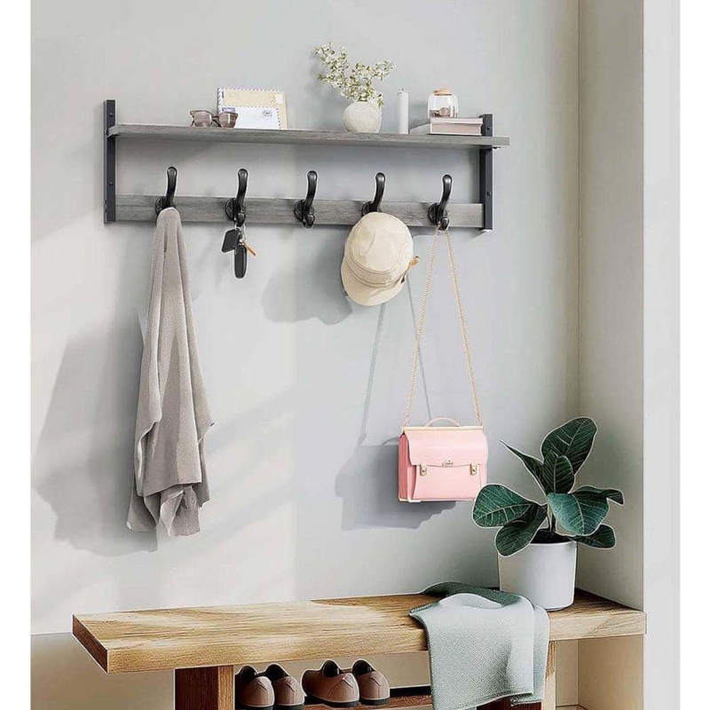 Entryway Shelf Rustic Gray Finish Weathered Wood Grain Five Hooks Industrial