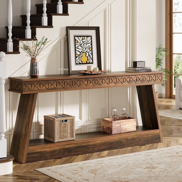 Entryway Table Carved Detailing Angled Legs Open Shelf Modern Farmhouse