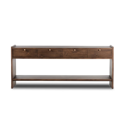 Entryway Table Four Drawers Knob Pulls Lower Shelf Dark Brown Wood