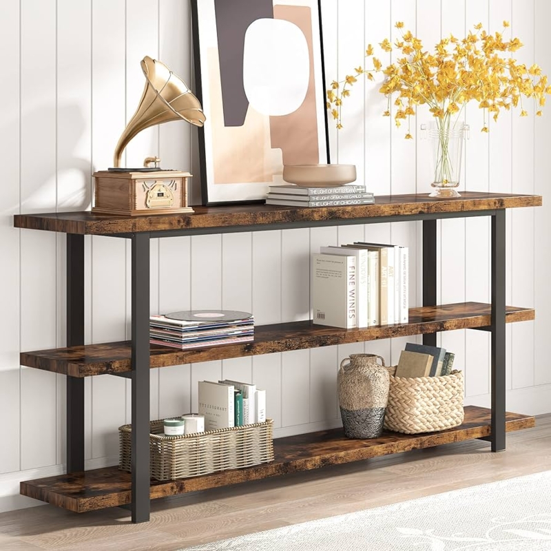 Entryway Table Three Tier Open Shelving Industrial Frame Rustic Wood