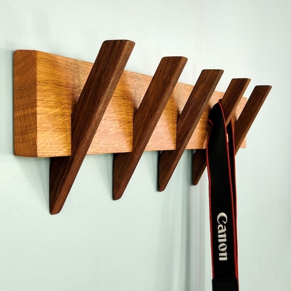 Entryway Wall Rack Fumed Oak Appearance Angled Pegs Two Tone Geometric