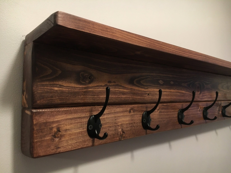 Espresso Stain Wall Mounted Coat Rack Rustic Wood Grain Top Shelf