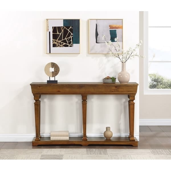 Extra Long Console Table Oak Finish Three Leg Design