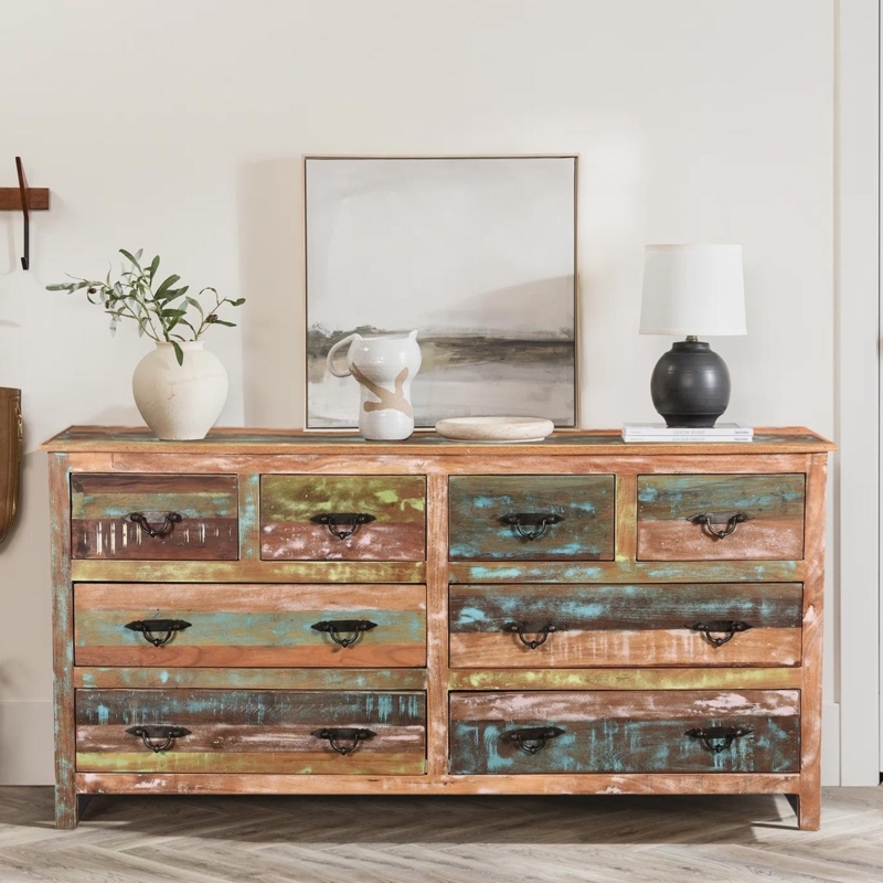 Extra-Long Dresser Reclaimed Wood Multicolor Finish 8 Drawers