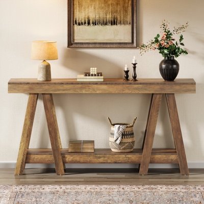 Extra Long Wood Console Table with A-Frame Legs & Two Tiers