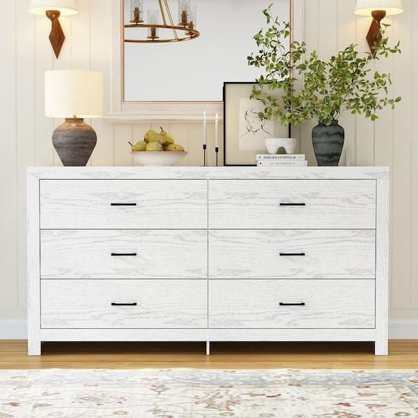 Extra-Wide Double Dresser with Whitewashed Wood Grain and Black Hardware