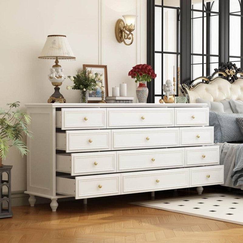 Extra Wide Dresser 12-Drawer Gold Knobs Traditional Style