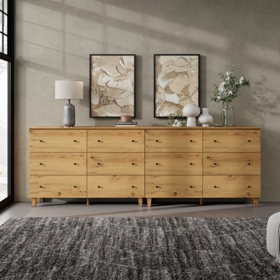 Extra Wide Dresser, 12-Drawer Minimalist Light Oak Finish, Knob Pulls