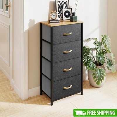 Fabric Dresser 4 Drawers Grey Bins Black Metal Frame Wood Top