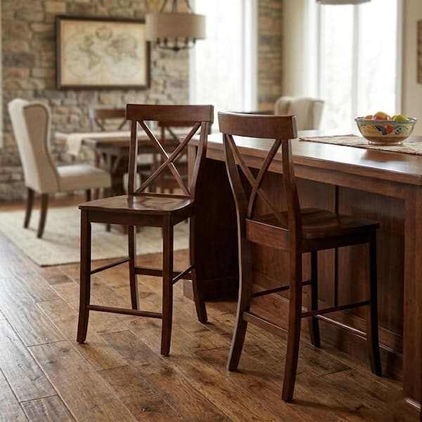 Farmhouse Bar Stool with Classic X-Back Design in Dark Wood