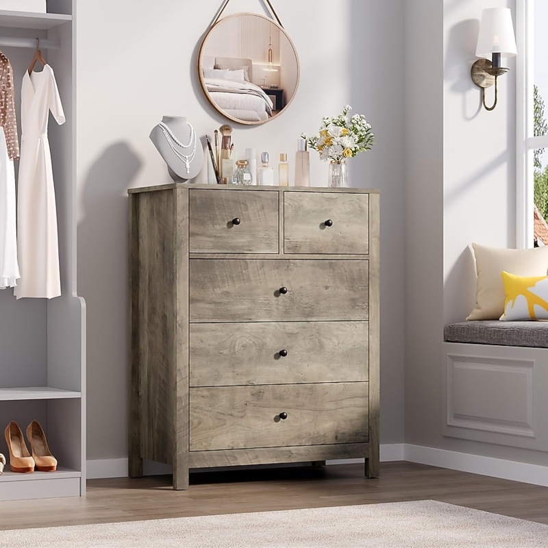 Farmhouse Chest Weathered Finish Five Drawers Dark Metal Knobs Tall