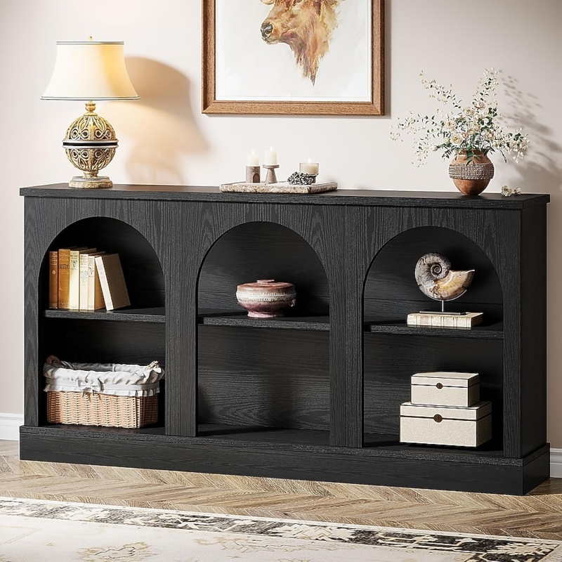 Farmhouse Console Table featuring Arched Compartments and Wood Grain