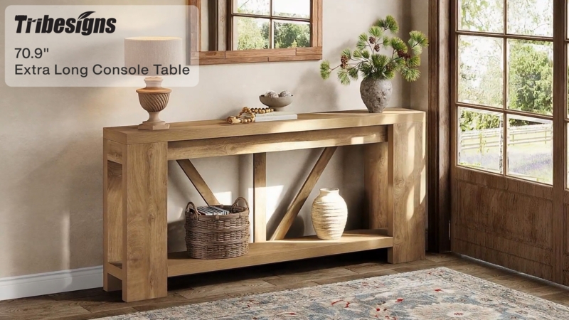 Farmhouse Console Table Thick Block Frame Diagonal Bracing Rustic