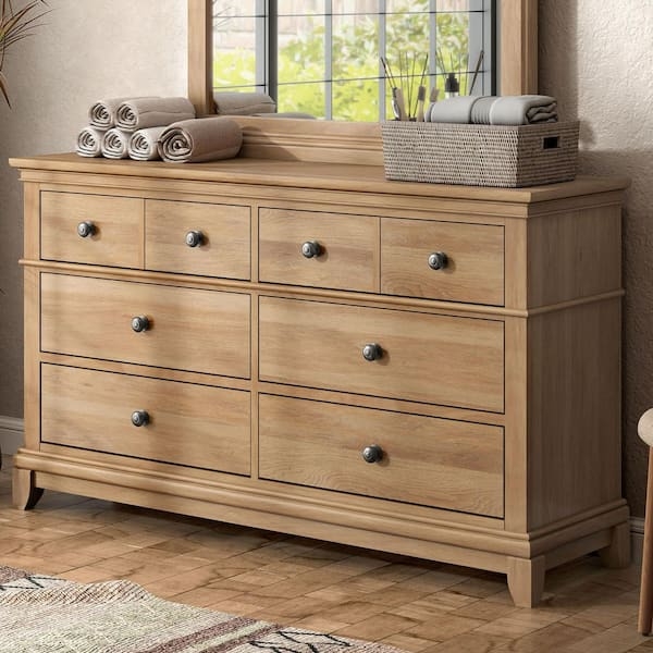 Farmhouse Double Dresser Natural Oak Eight Drawers Dark Knobs