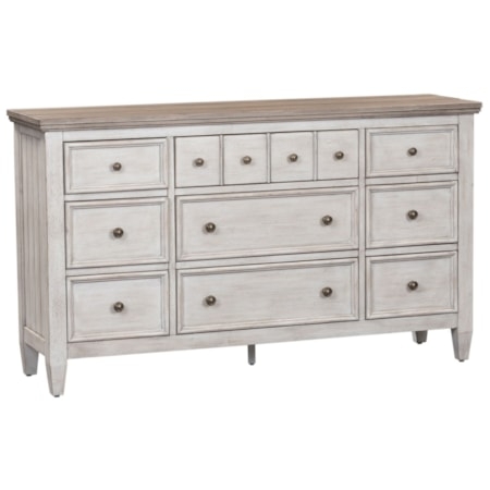 Farmhouse Dresser Whitewashed Finish Contrasting Wood Top Nine-Drawer