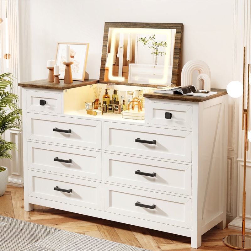 Farmhouse Dresser with Flip-Top Vanity and X-Frame Side Details