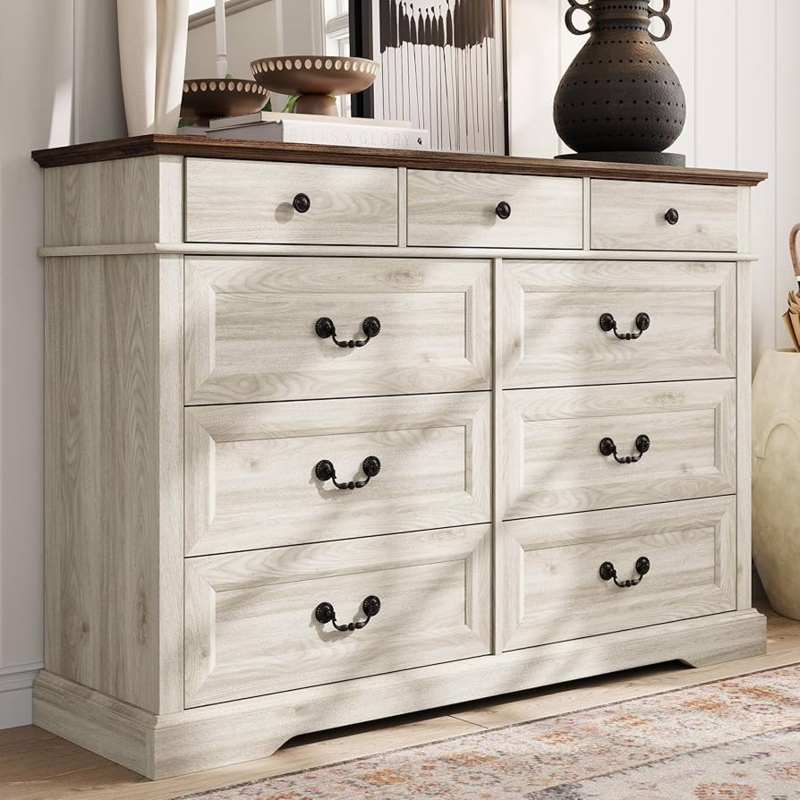 Farmhouse Nine-Drawer Dresser with Whitewashed Finish and Two-Tone Wood