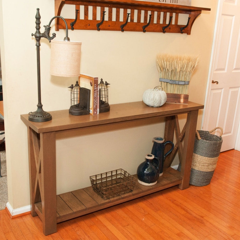 Farmhouse Sofa Table X-Frame Sides Slatted Shelf Narrow