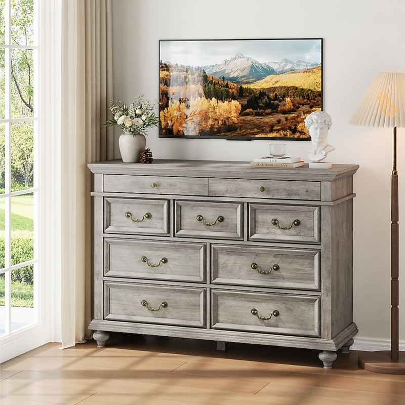 Farmhouse Style Dresser Nine Drawers Bun Feet Weathered Finish