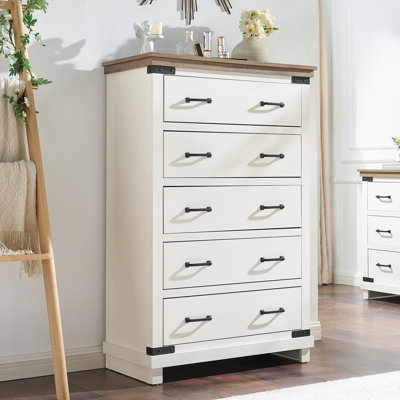 Farmhouse Tall Chest with Rustic Metal Corner Accents and Two-Tone Finish