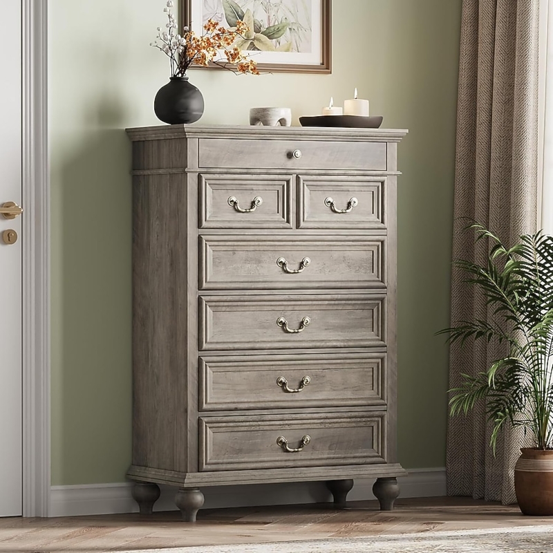 Farmhouse Tall Dresser Weathered Finish Seven Drawers Bail Pulls