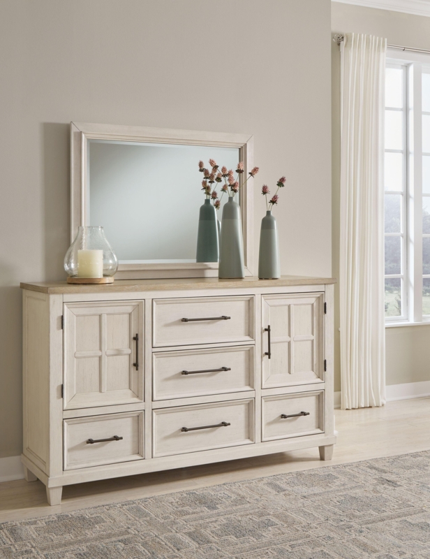 Farmhouse Two-Tone Dresser with Paneled Cabinets and Dark Bar Pulls