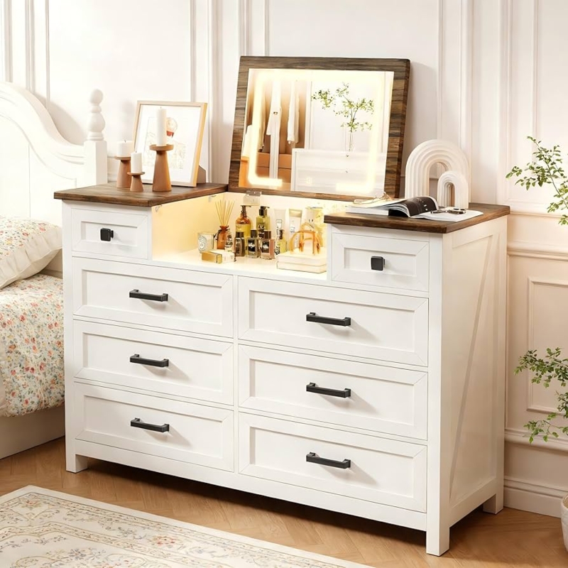 Farmhouse Vanity Dresser with Integrated LED Mirror and Eight Drawers