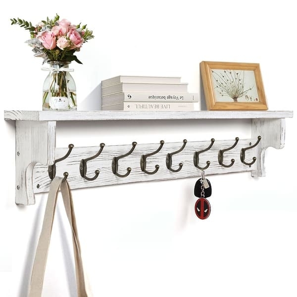 Farmhouse Wall Mounted Coat Rack, Whitewashed Finish and Integrated Shelf
