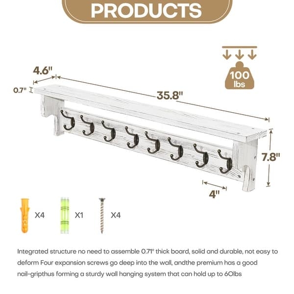 Farmhouse Wall Mounted Coat Rack Whitewashed Five Double Hooks