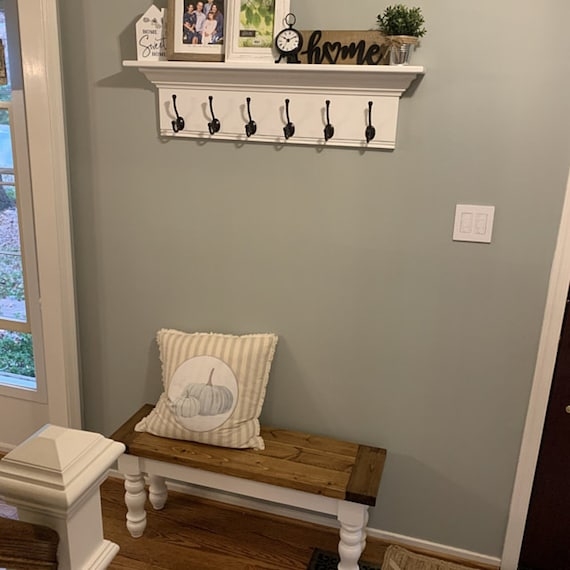 Farmhouse Wall Mounted Coat Rack with Crown Molding and Six Black Hooks.