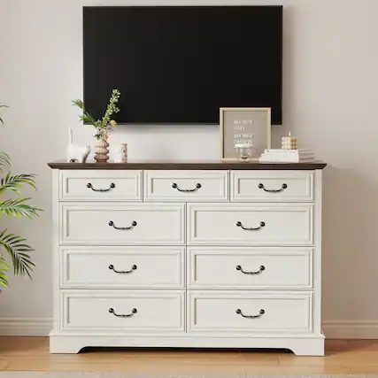 Farmhouse White Dresser with Dark Wood Top and Metal Bail Pulls