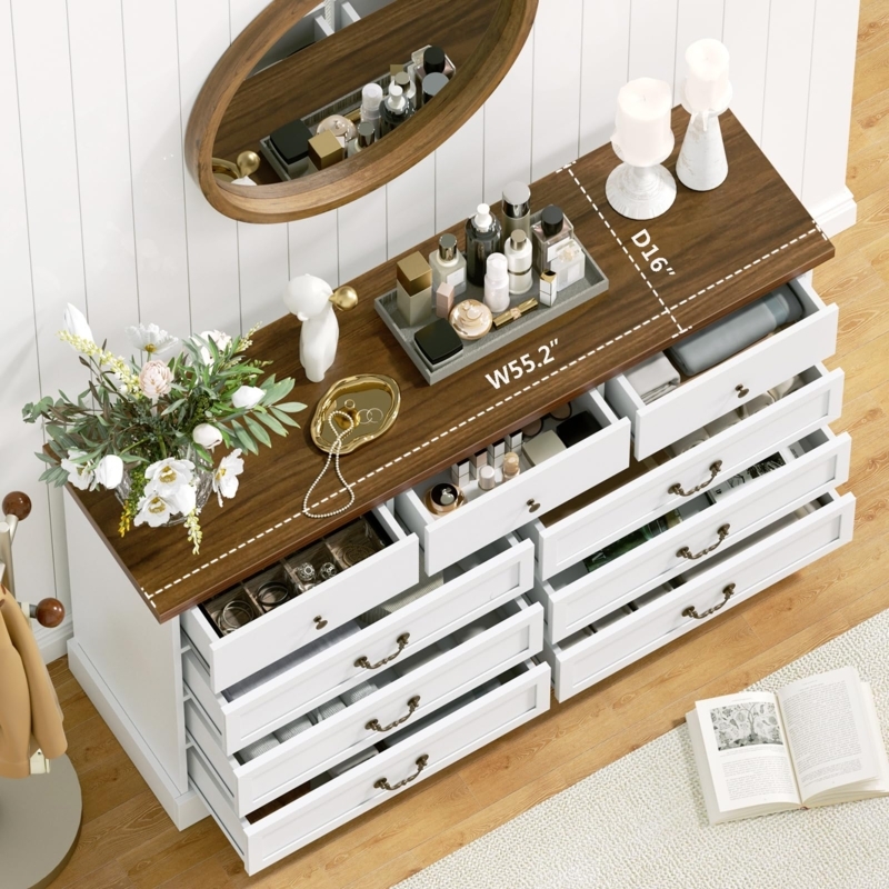 Farmhouse White & Wood 9-Drawer Dresser, Cup Pulls