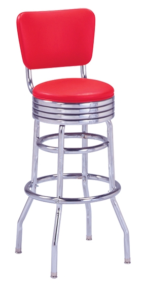 Fifties Diner Bar Stool, Red Vinyl with Double Ring Footrest