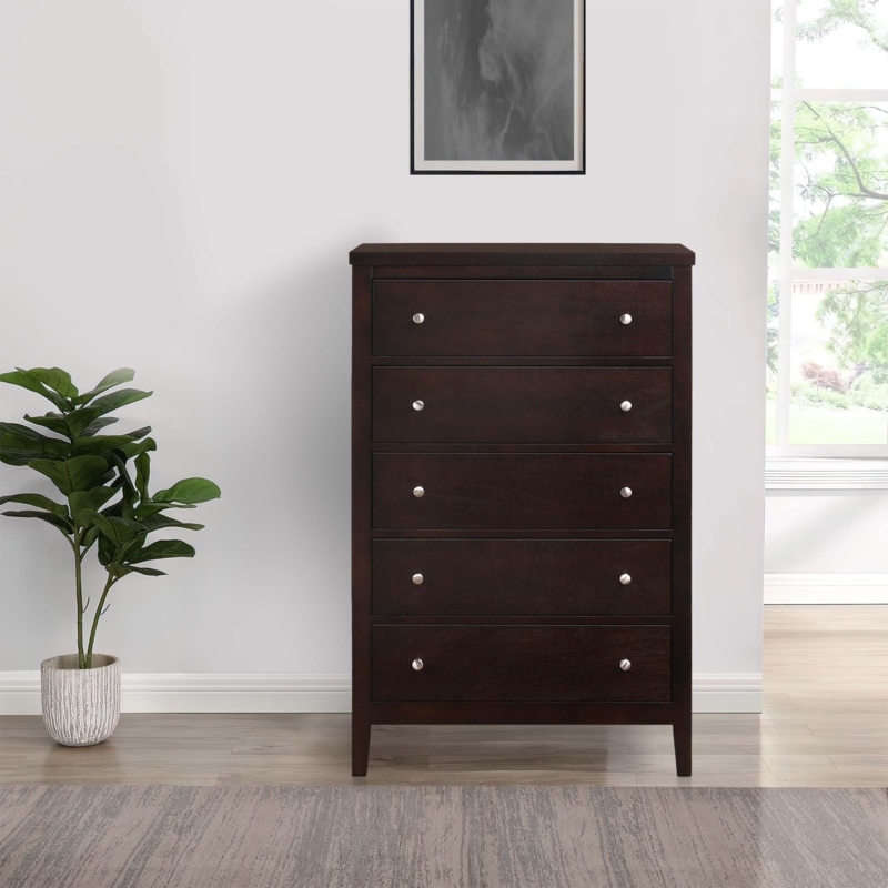 Five-Drawer Chest Dark Cappuccino Brown, Silver Knobs Modern Tallboy
