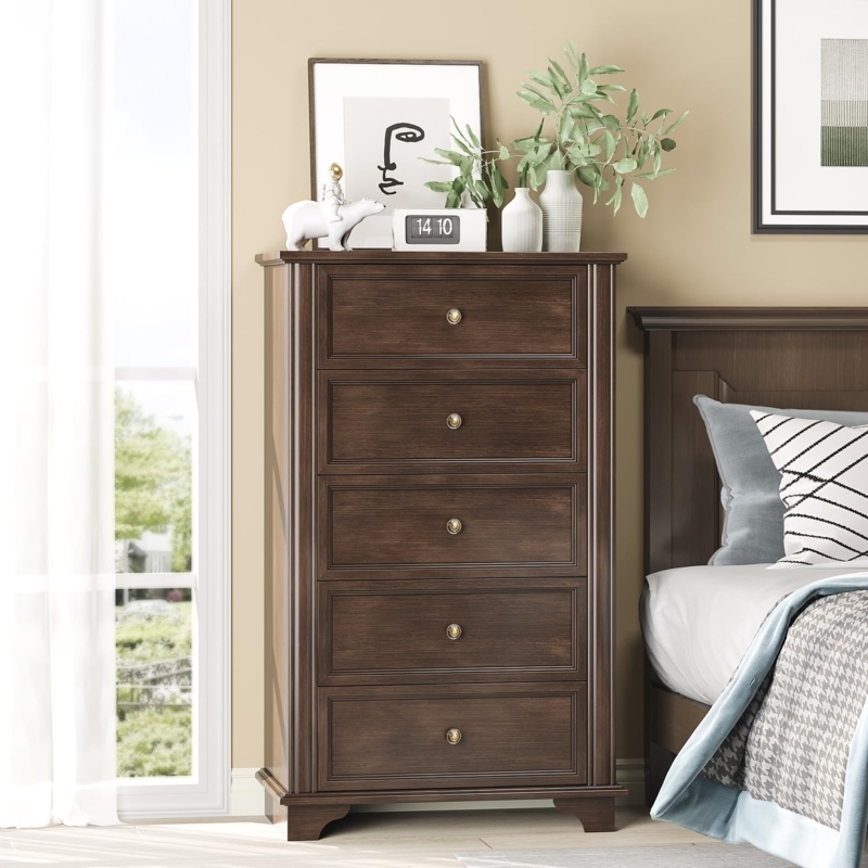 Five-Drawer Chest Deep Espresso Brown, Brass Knobs & Bracket Feet