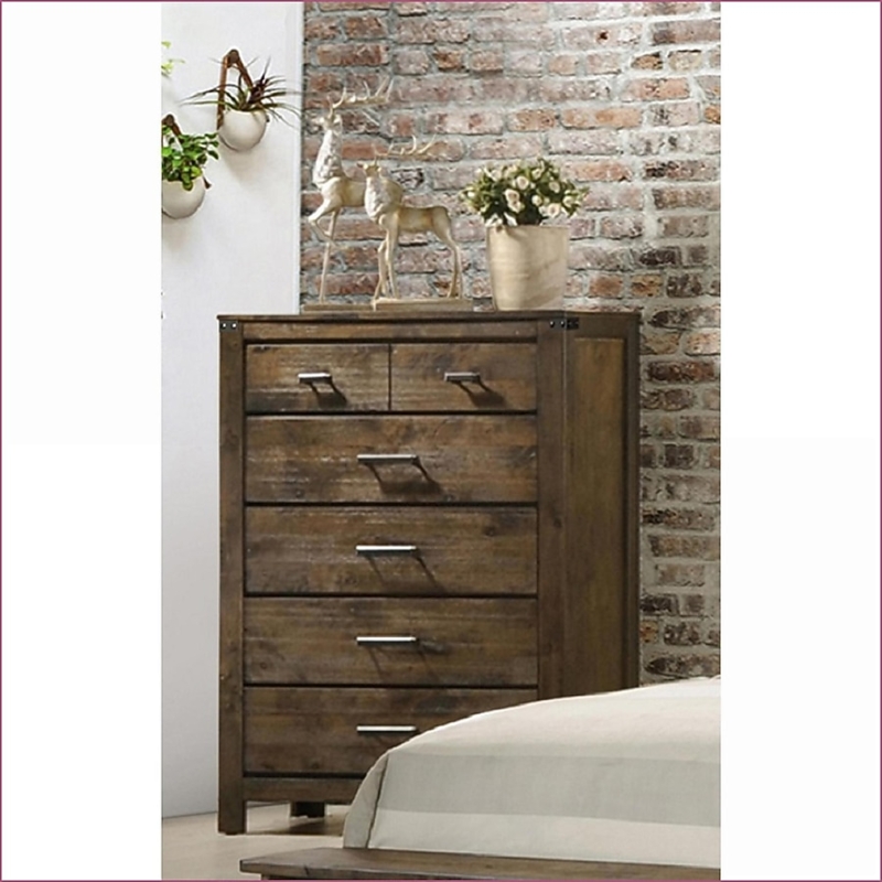 Five-Drawer Chest, Distressed Wood Finish, Industrial Metal Bar Pulls