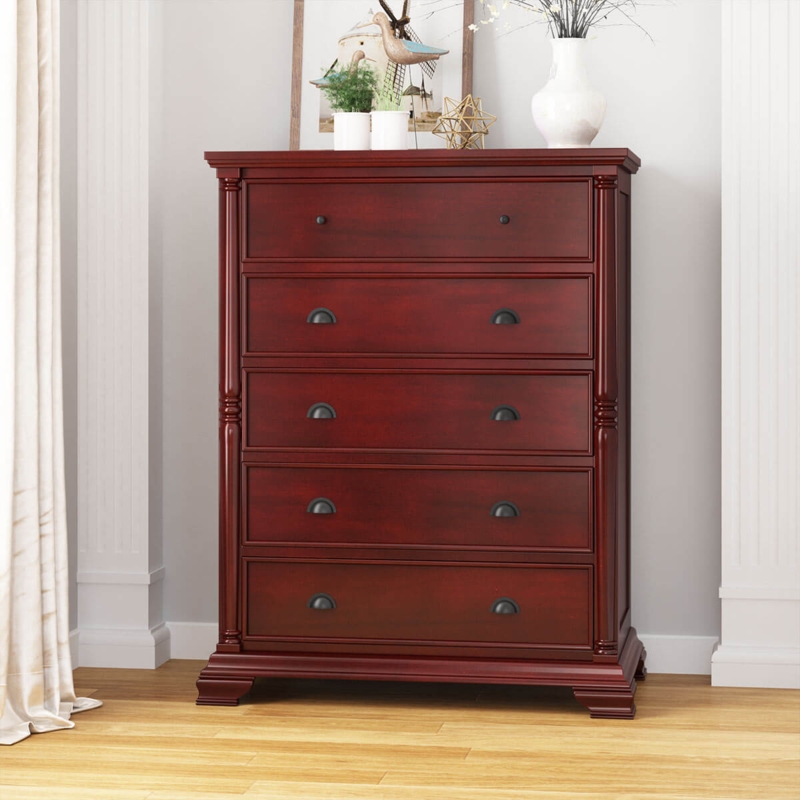Five-Drawer Chest Fluted Side Columns Mixed Hardware Mahogany Tone
