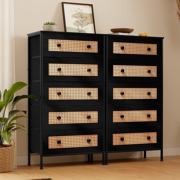 Five-Drawer Chest, Vertical Storage, Natural Rattan Panels, Slim Black Legs
