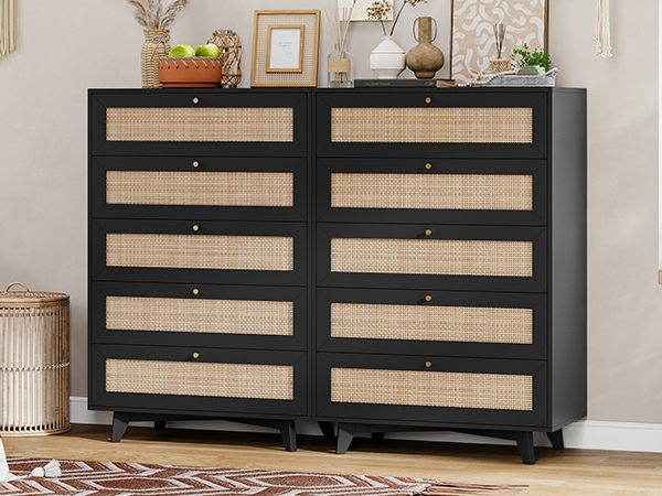 Five-Drawer Dresser, Tall Profile, Rattan Drawer Fronts, Gold-Toned Knobs